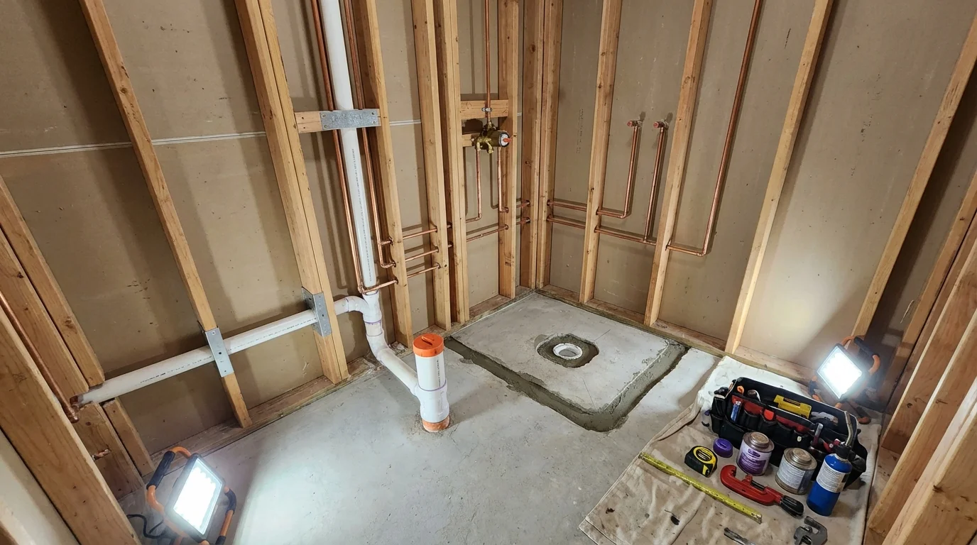 Bathroom rough-in plumbing during remodel by Johns Plumbing LLC in Konawa