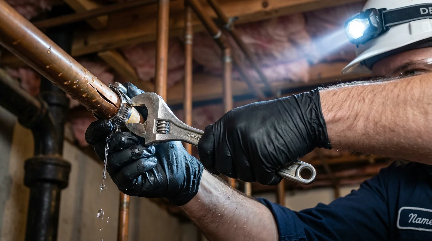 Emergency pipe clamp repair being performed by a Johns Plumbing LLC plumber in Konawa