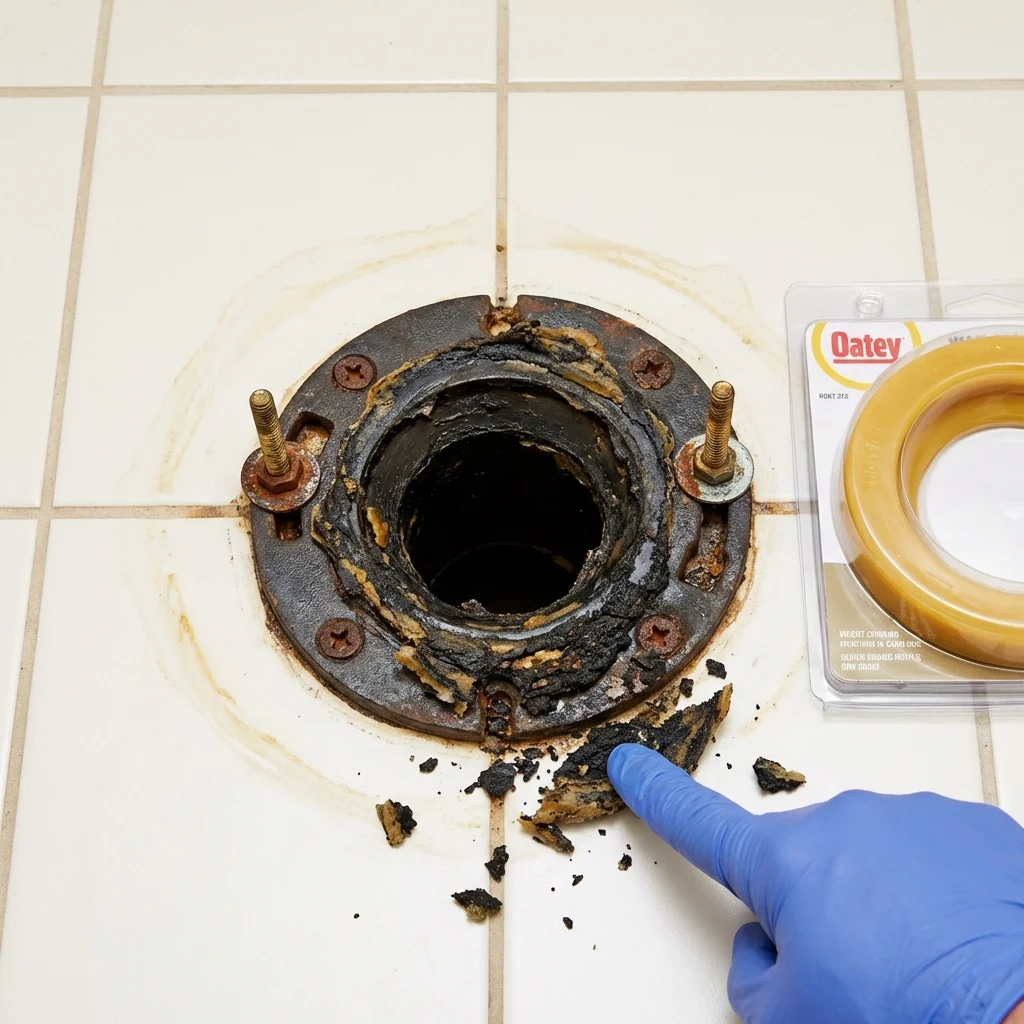 Failed wax ring showing water seepage at the base of a toilet in a Konawa, OK home
