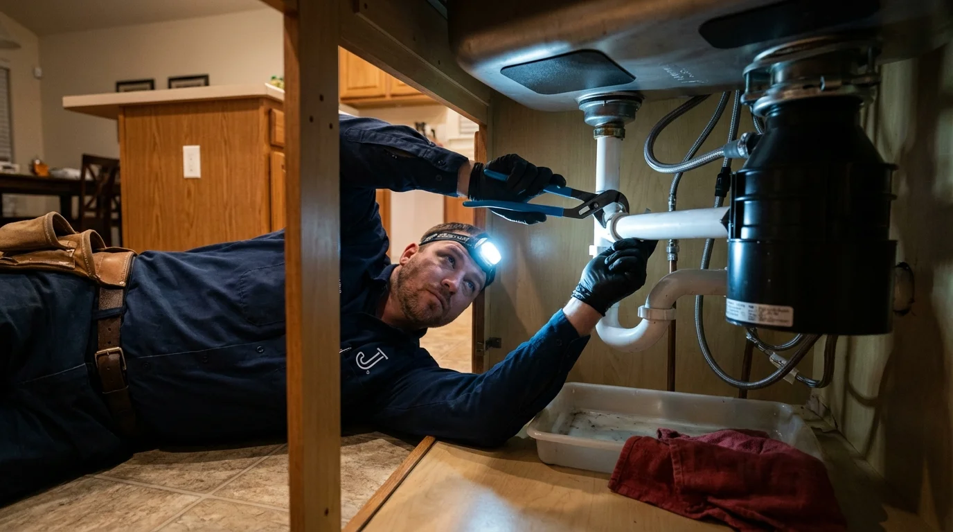 P-trap and supply line connections under a kitchen sink showing a common leak point in Konawa, OK